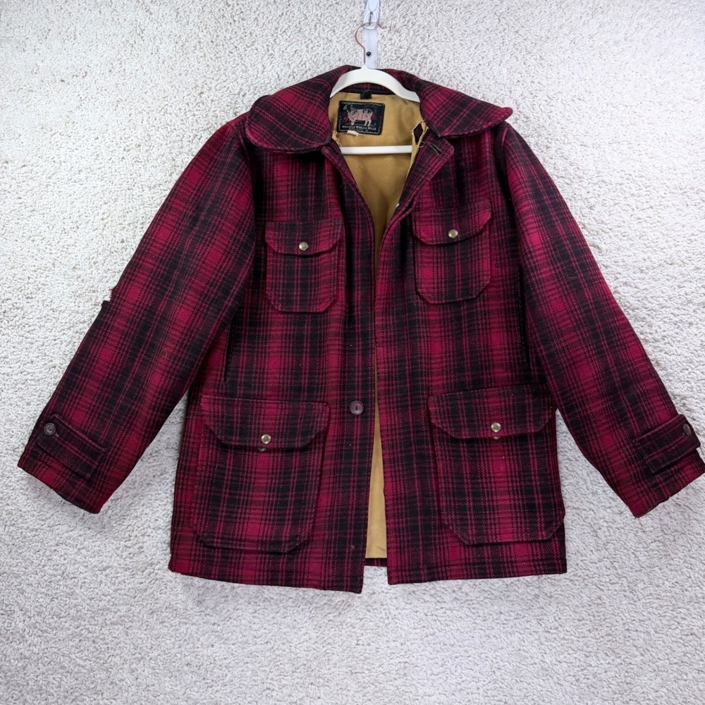 Mens L Vintage Woolrich Wool Hunting Coat Red Black Plaid Mackinaw Cruiser 60s